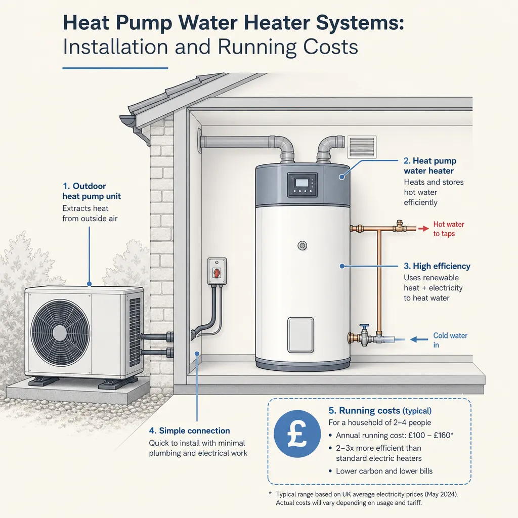 Diagram illustrating: Heat Pump Water Heater Systems: Installation and Running Costs