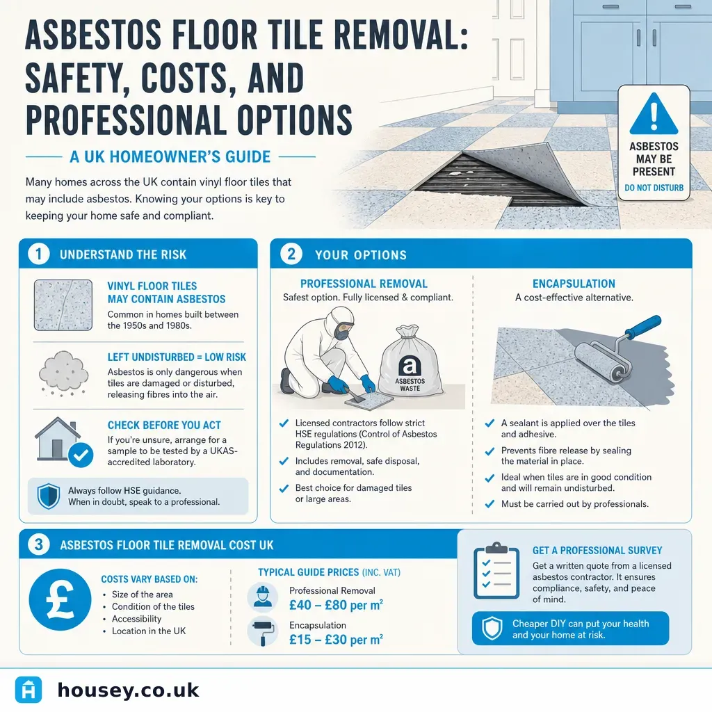 Infographic illustrating: Asbestos Floor Tile Removal: Safety, Costs, and Professional Options