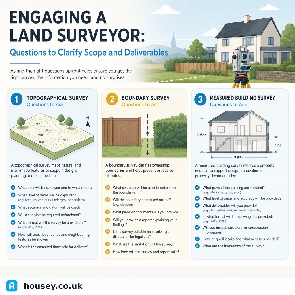 Infographic illustrating: Engaging a Land Surveyor: Questions to Clarify Scope and Deliverables