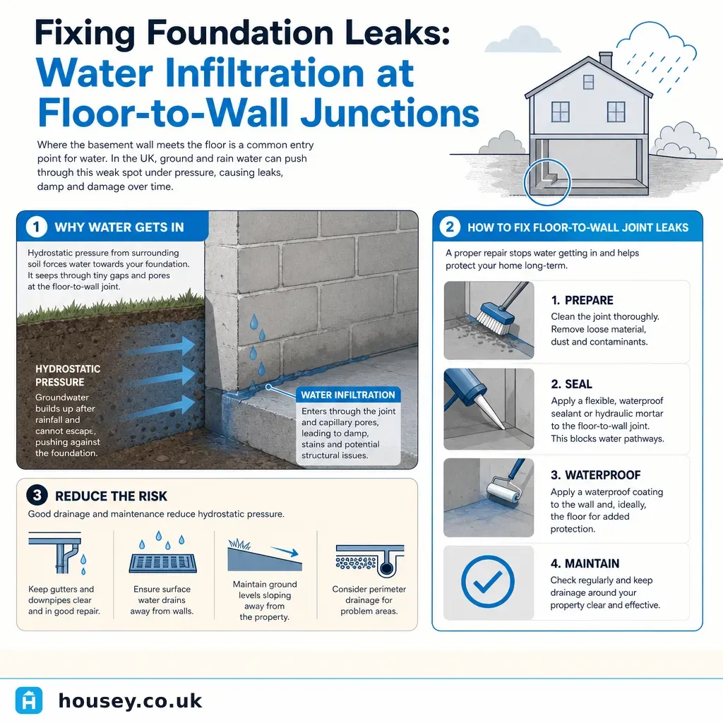 Infographic illustrating: Fixing Foundation Leaks: Water Infiltration at Floor-to-Wall Junctions