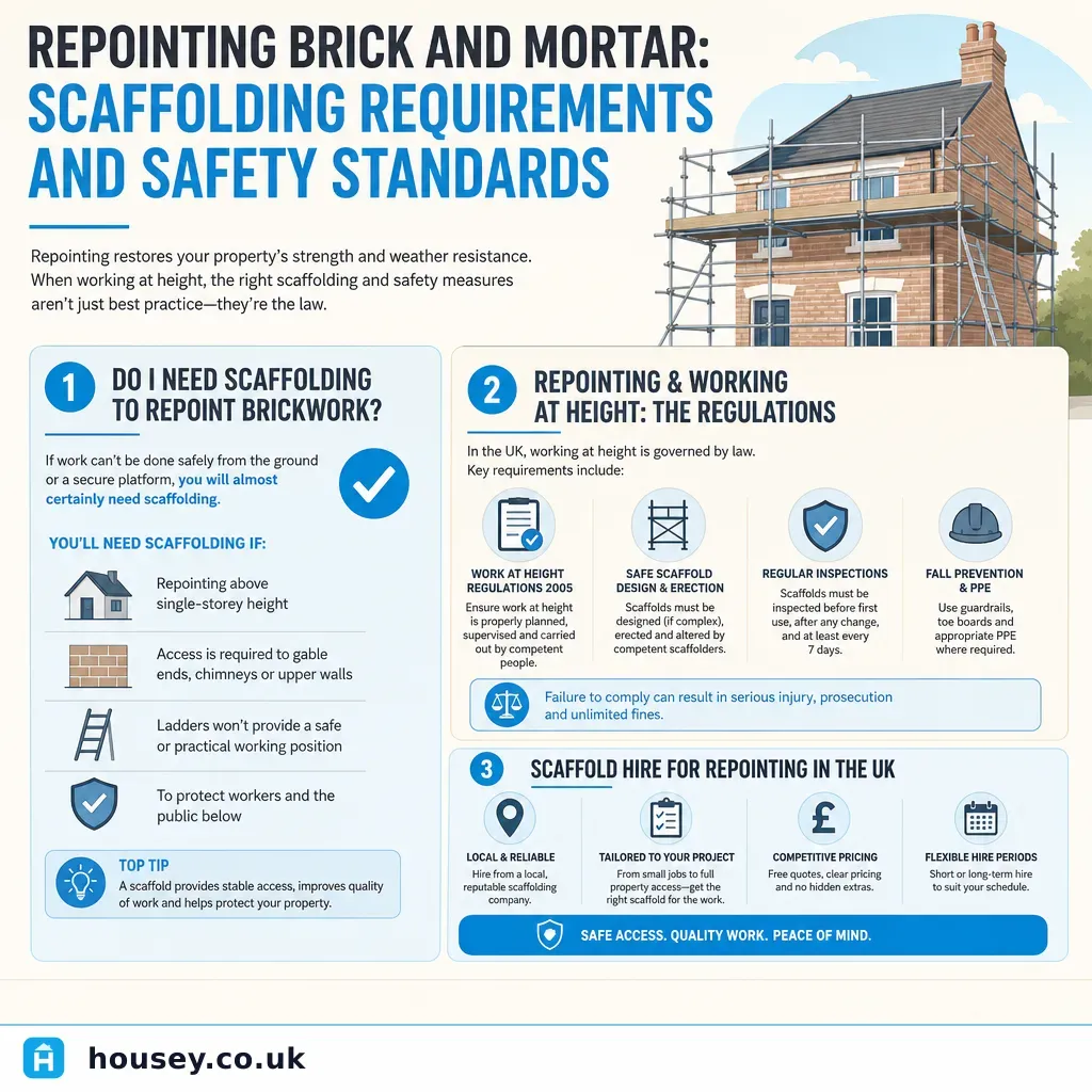 Infographic illustrating: Repointing Brick and Mortar: Scaffolding Requirements and Safety Standards