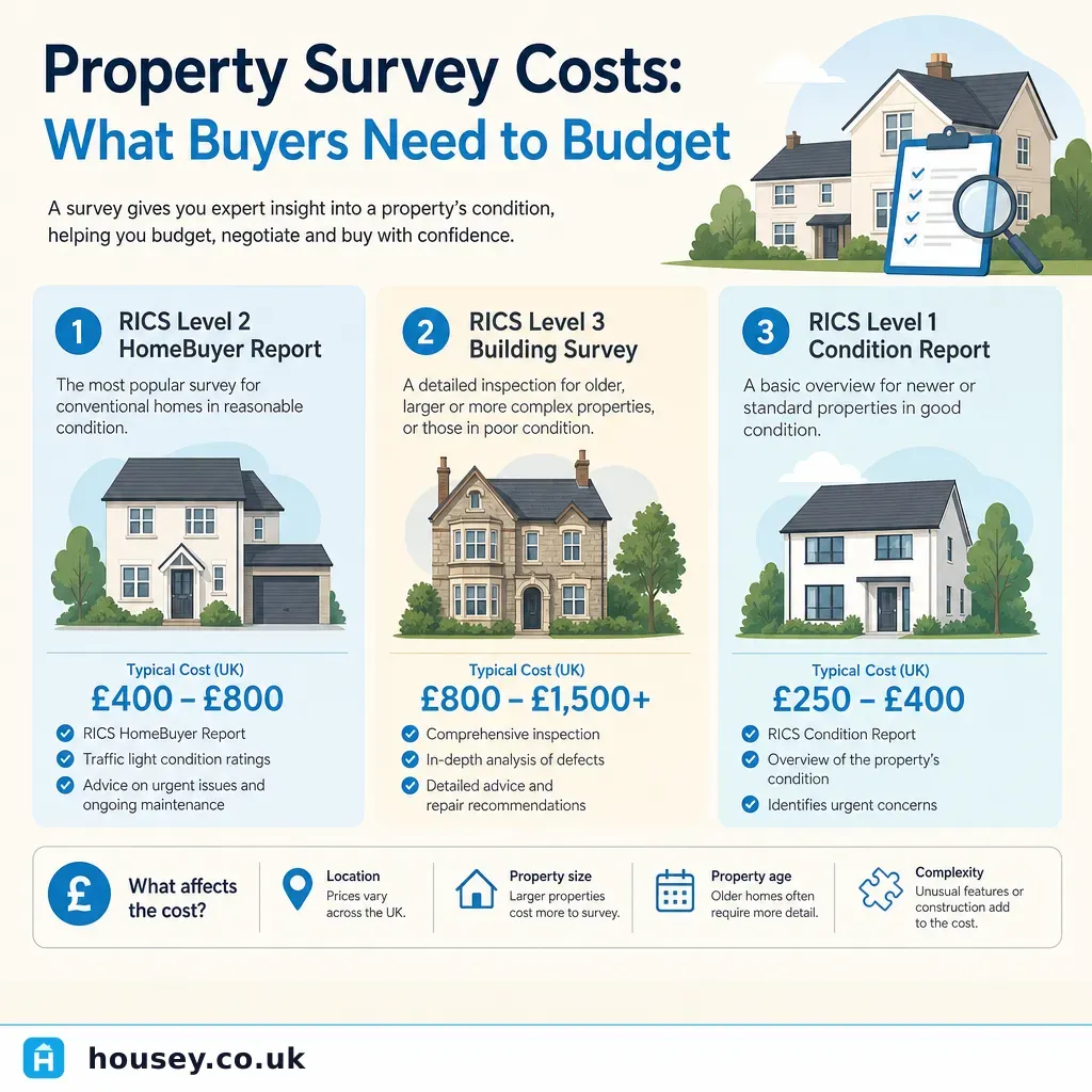 Infographic illustrating: Property Survey Costs: What Buyers Need to Budget