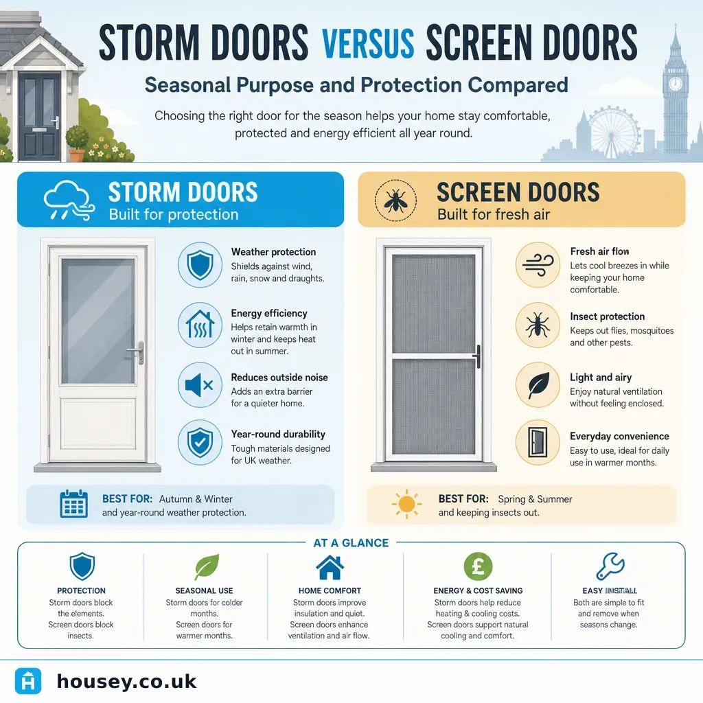 Infographic illustrating: Storm Doors versus Screen Doors: Seasonal Purpose and Protection Compared