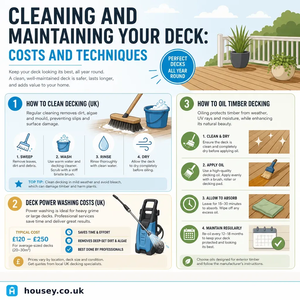 Infographic illustrating: Cleaning and Maintaining Your Deck: Costs and Techniques