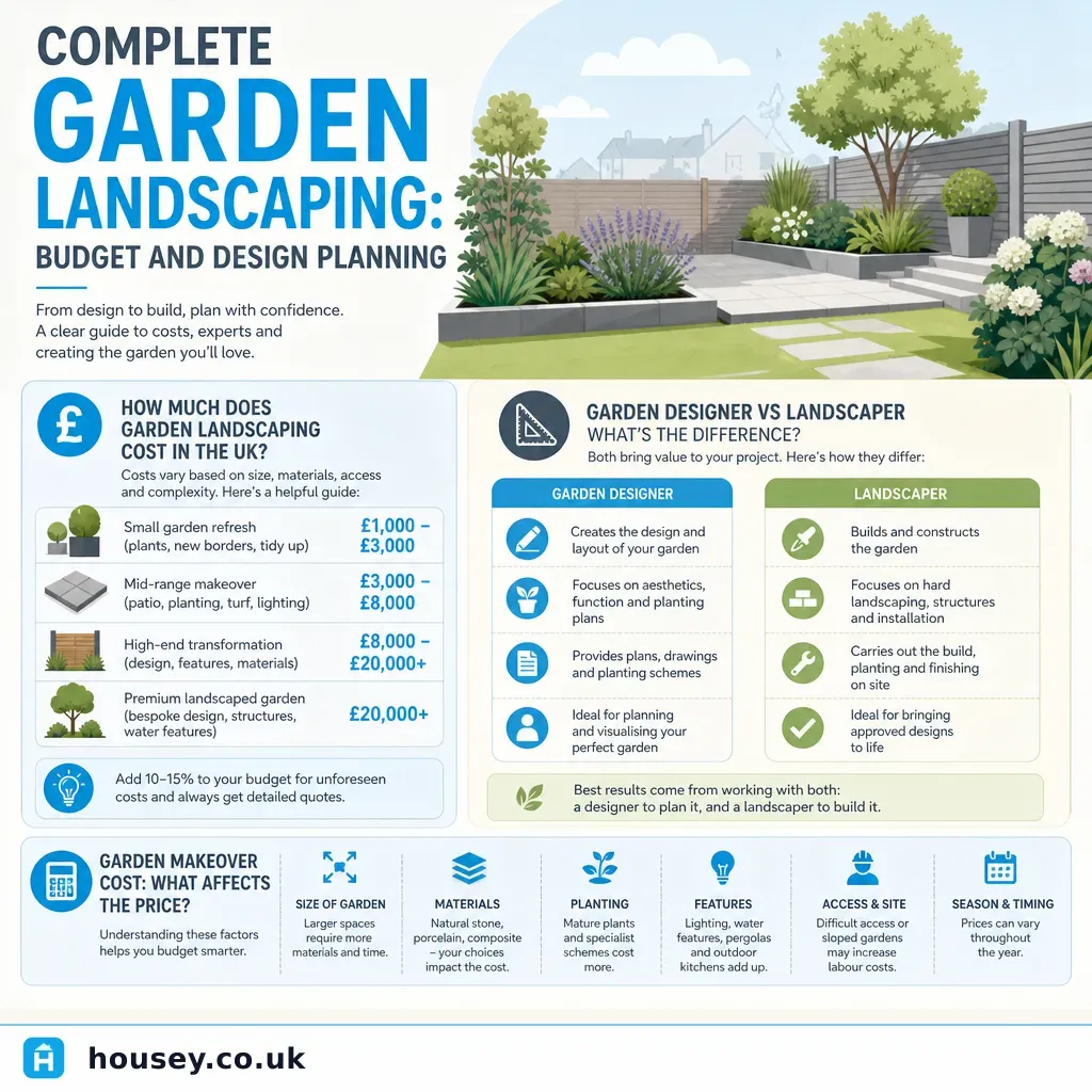 Infographic illustrating: Complete Garden Landscaping: Budget and Design Planning