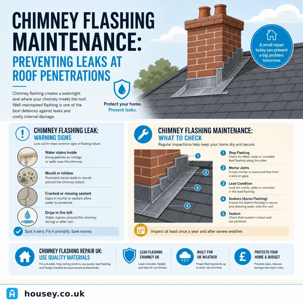Infographic illustrating: Chimney Flashing Maintenance: Preventing Leaks at Roof Penetrations