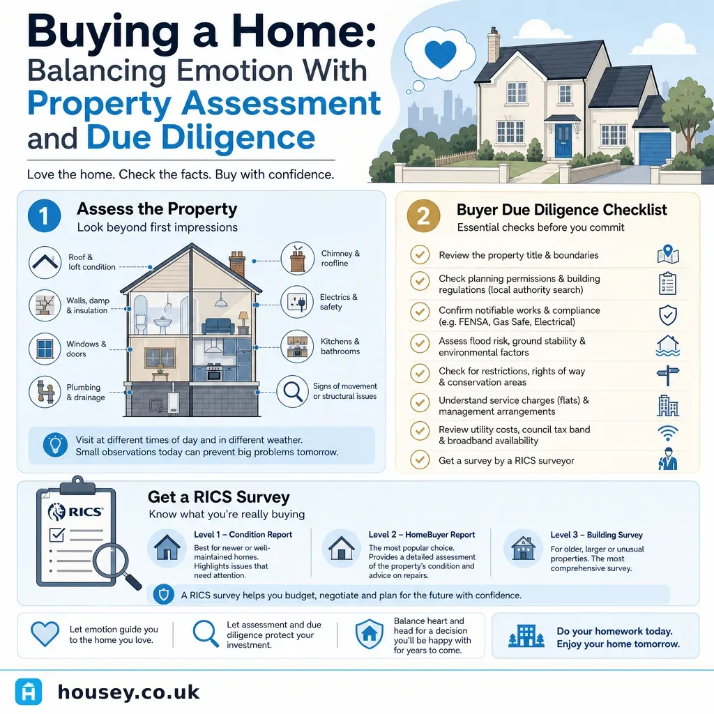 Infographic illustrating: Buying a Home: Balancing Emotion With Property Assessment and Due Diligence
