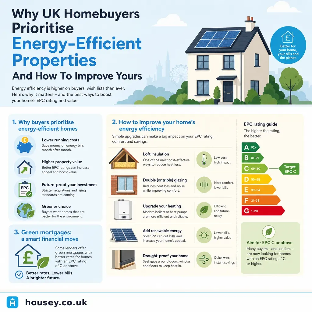 Infographic illustrating: Why UK Homebuyers Prioritise Energy-Efficient Properties And How To Improve Yours