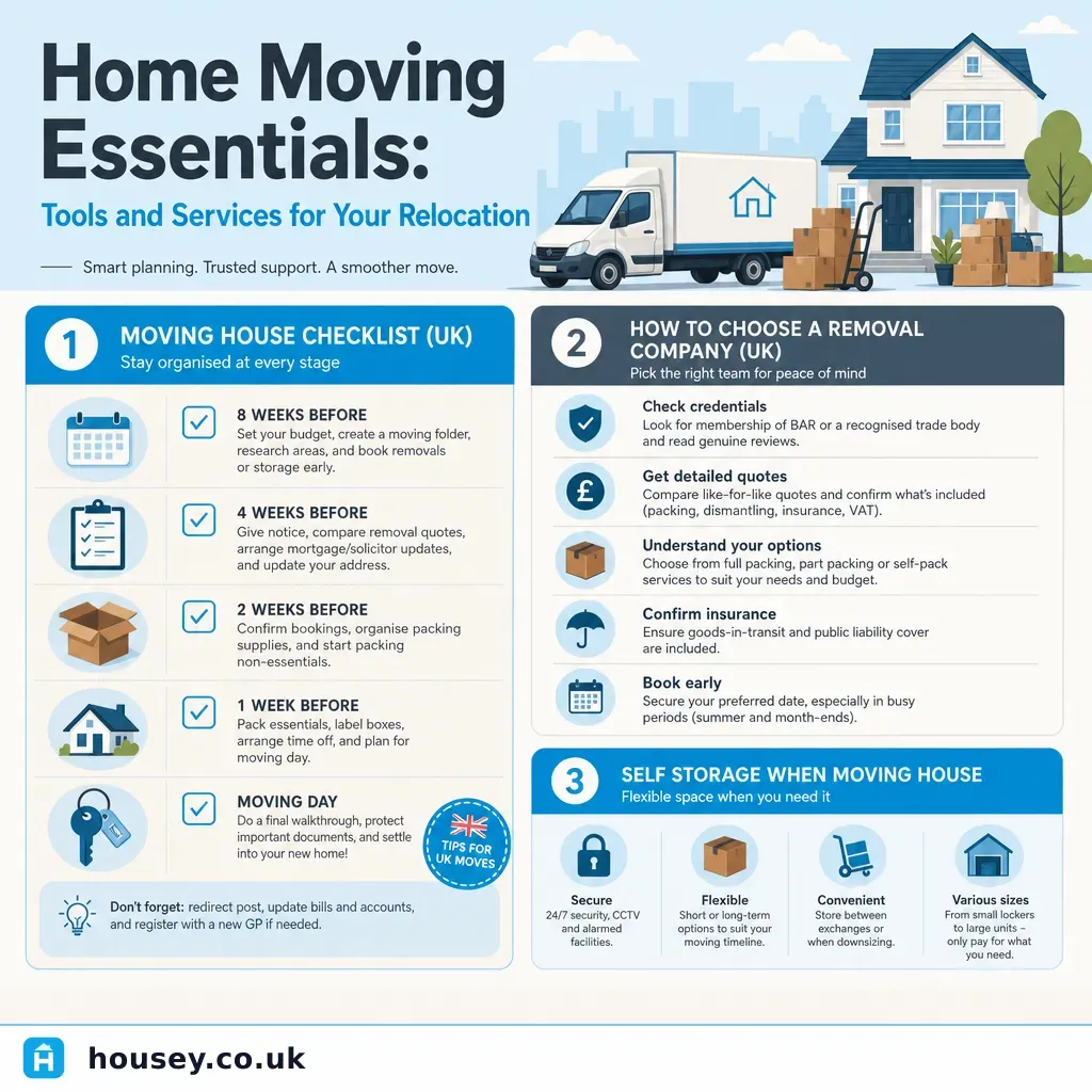 Infographic illustrating: Home Moving Essentials: Tools and Services for Your Relocation