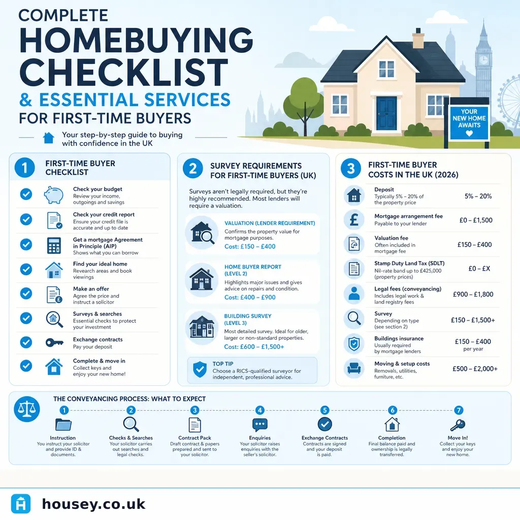 Infographic illustrating: Complete Homebuying Checklist and Essential Services for First-Time Buyers