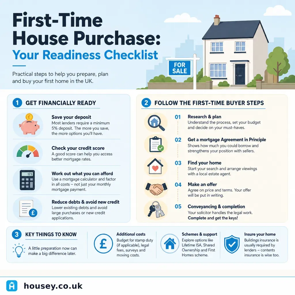 Infographic illustrating: First-Time House Purchase: Your Readiness Checklist