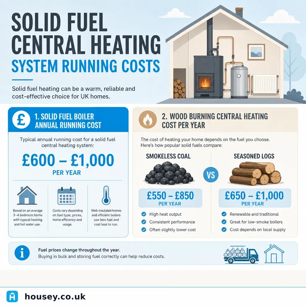 Infographic illustrating: Solid Fuel Central Heating System Running Costs