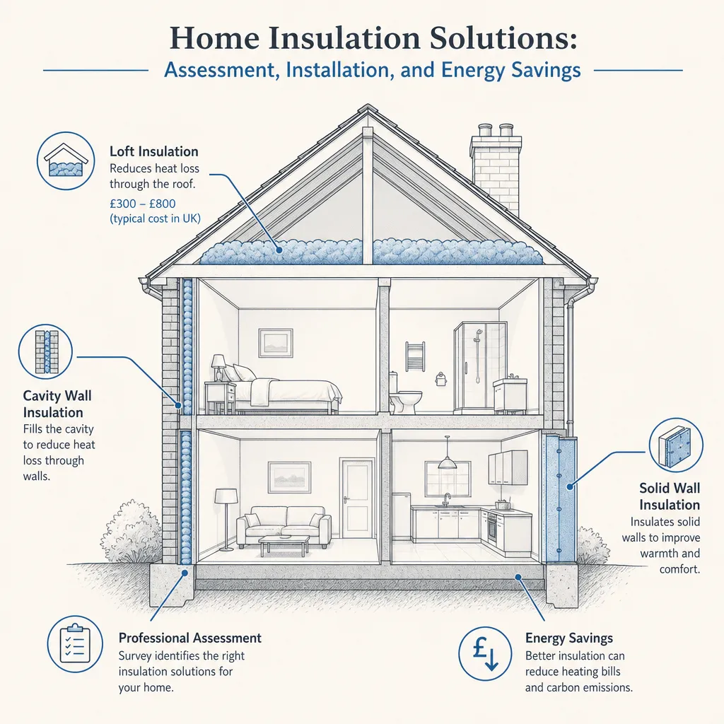 Diagram illustrating: Home Insulation Solutions: Assessment, Installation, and Energy Savings