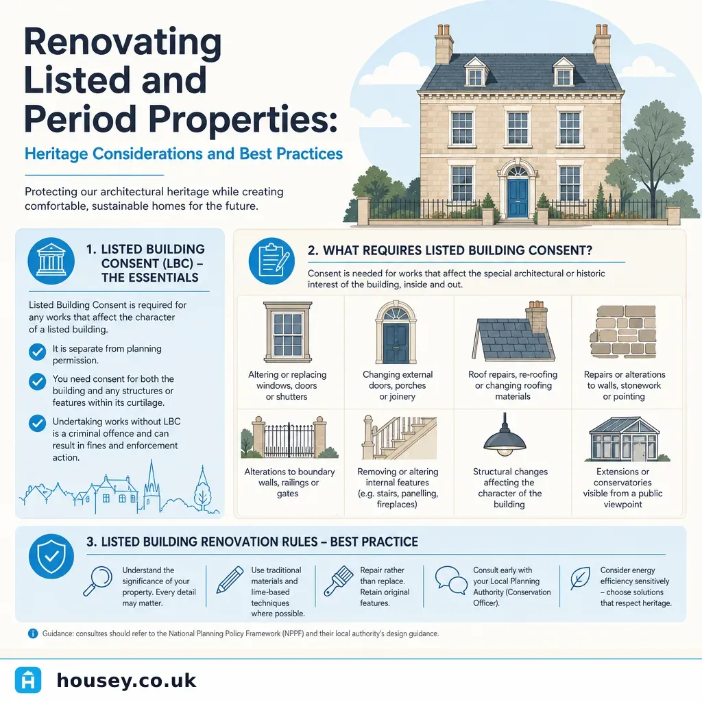 Infographic illustrating: Renovating Listed and Period Properties: Heritage Considerations and Best Practices