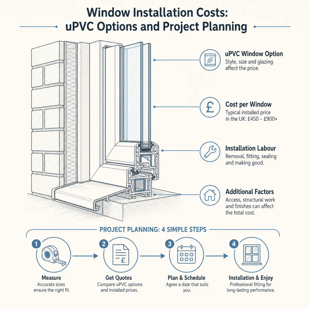 Diagram illustrating: Window Installation Costs: uPVC Options and Project Planning