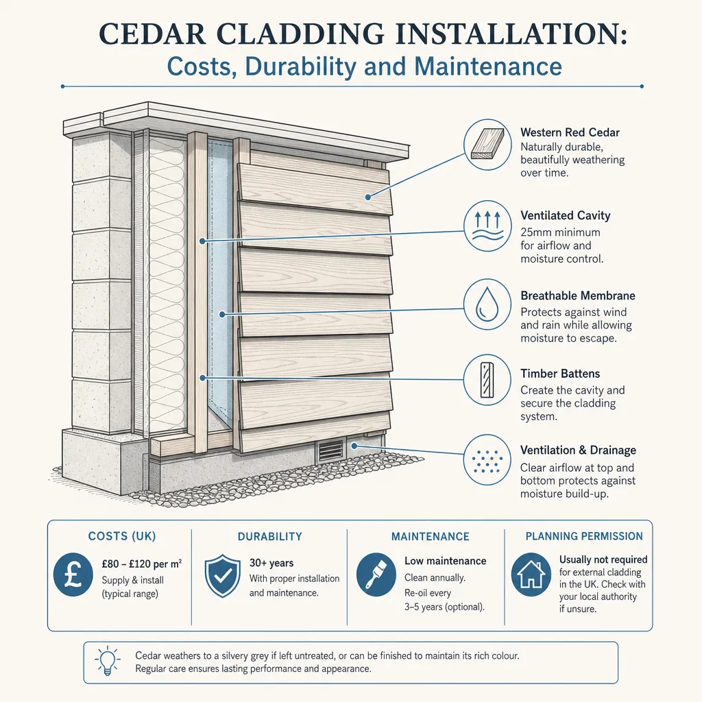 Diagram illustrating: Cedar Cladding Installation: Costs, Durability and Maintenance