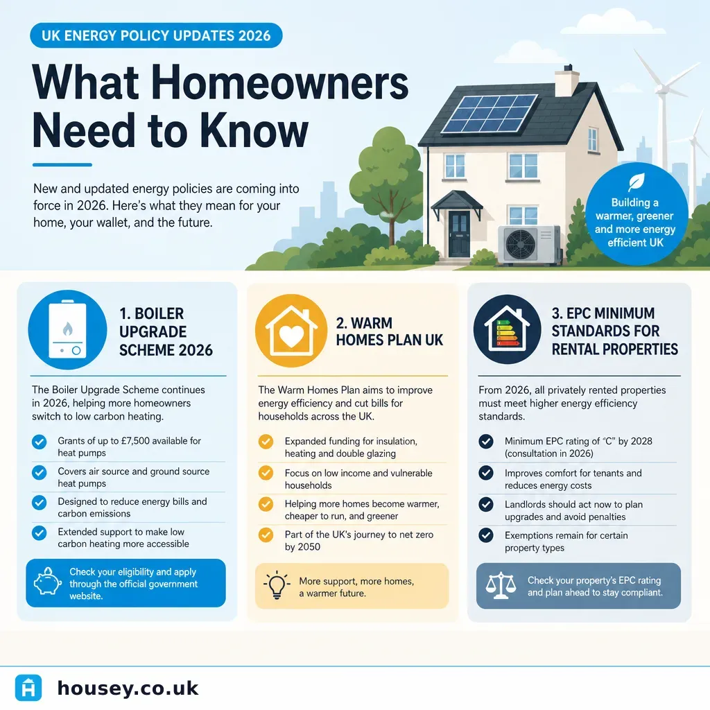 Infographic illustrating: UK Energy Policy Updates 2026: What Homeowners Need to Know