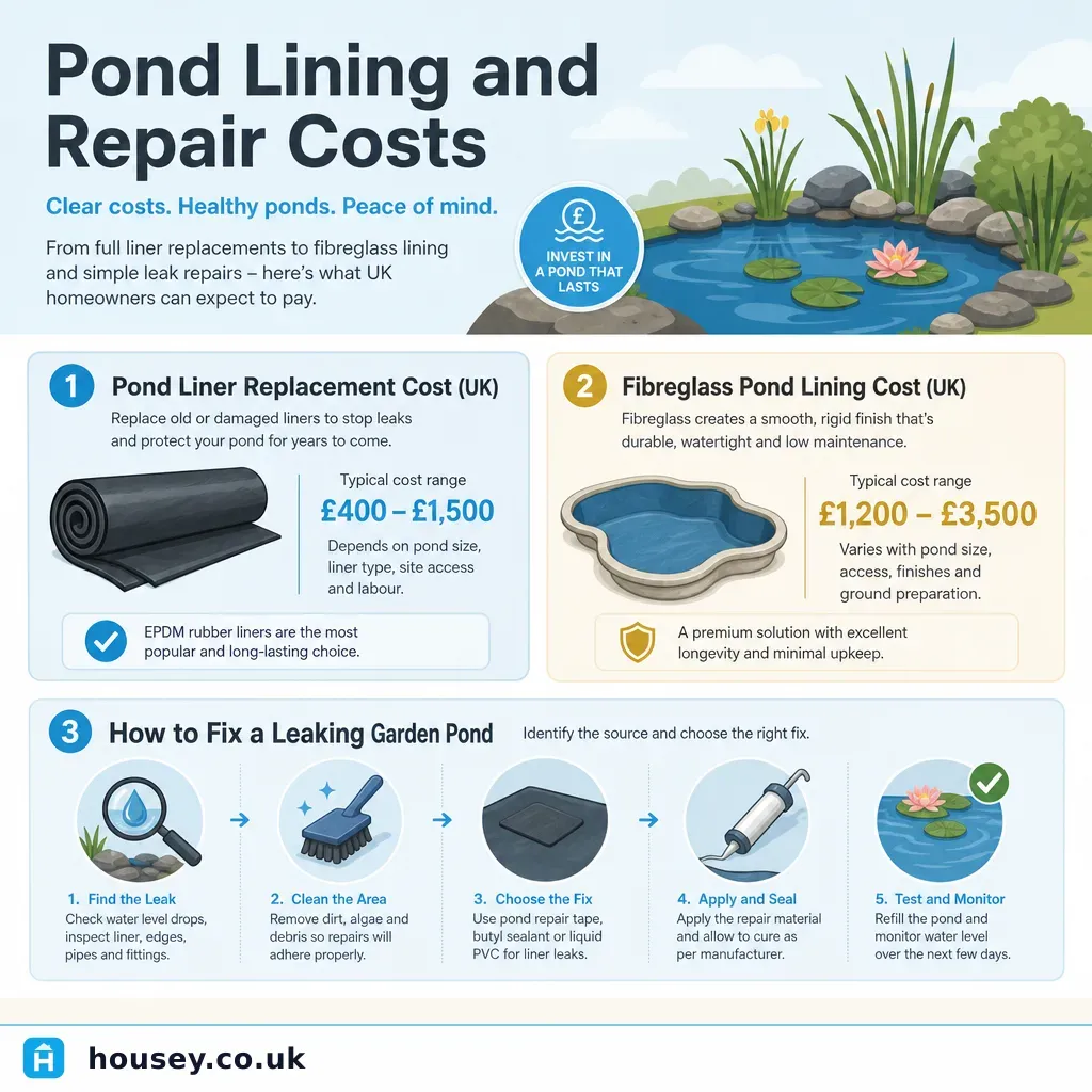 Infographic illustrating: Pond Lining and Repair Costs