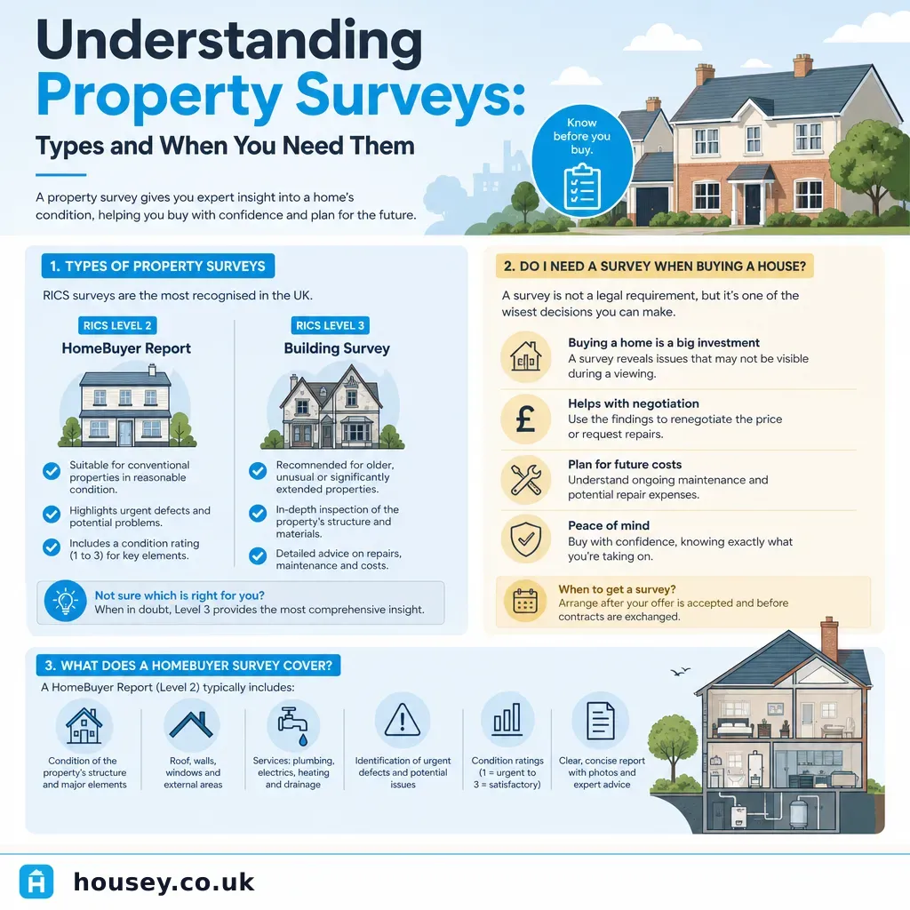 Infographic illustrating: Understanding Property Surveys: Types and When You Need Them