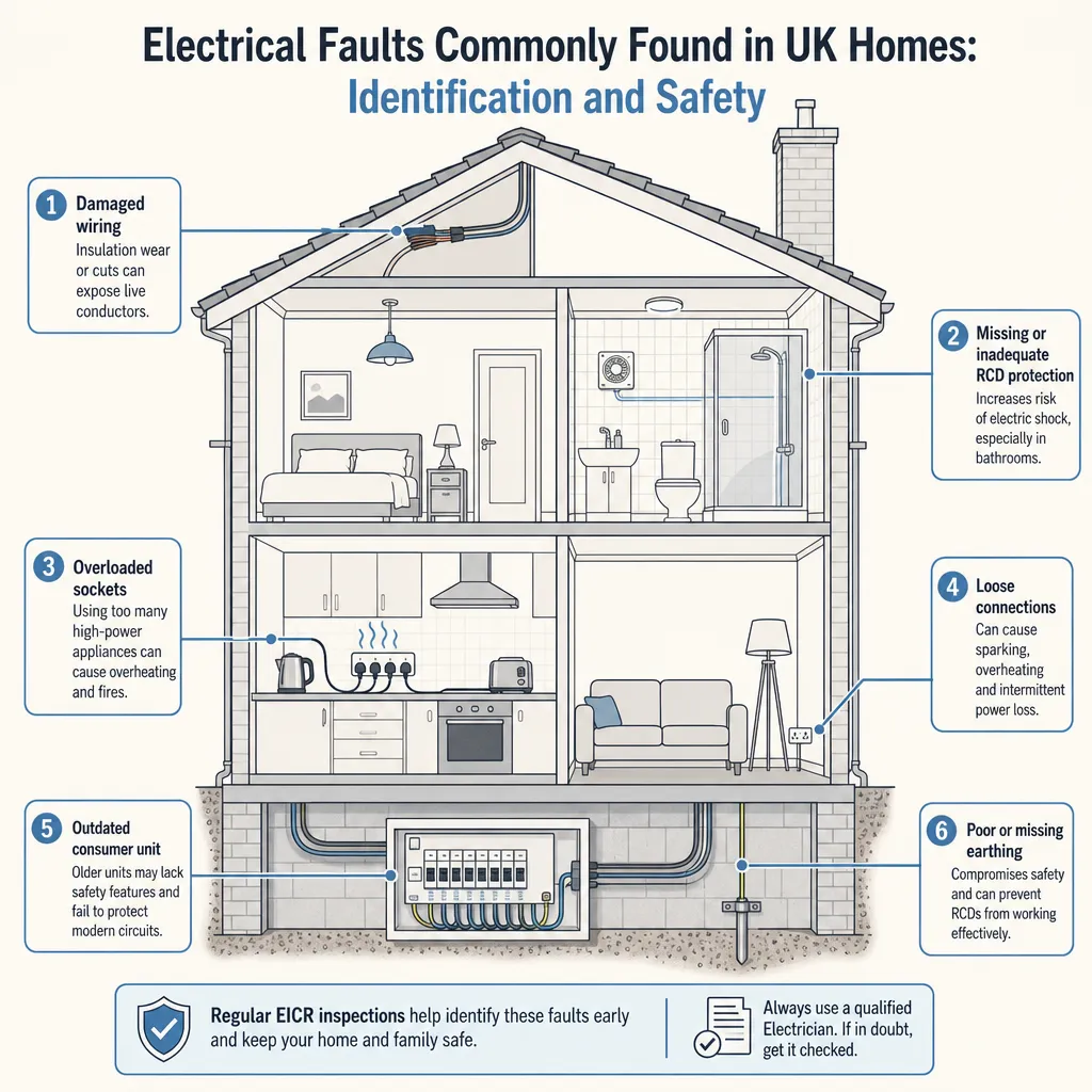Diagram illustrating: Electrical Faults Commonly Found in UK Homes: Identification and Safety