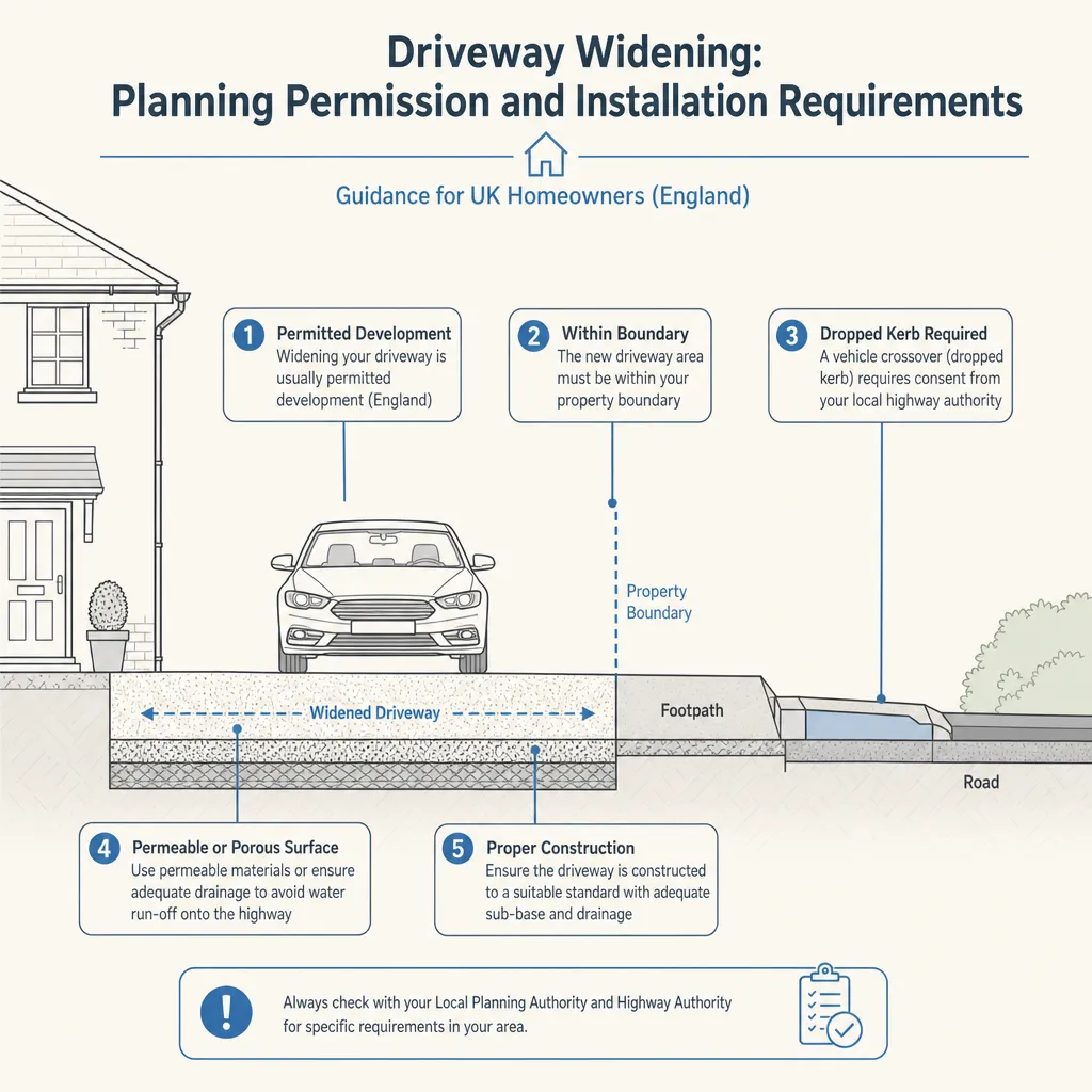 Diagram illustrating: Driveway Widening: Planning Permission and Installation Requirements