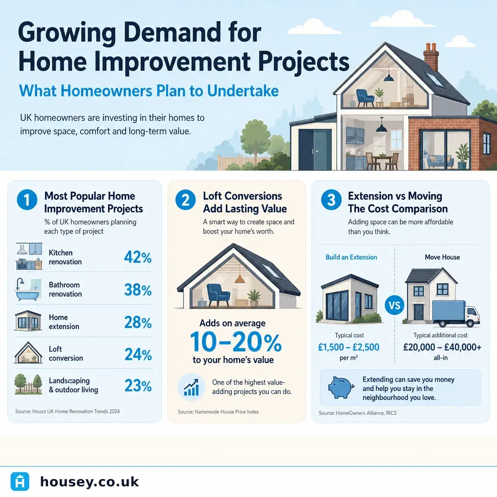 Infographic illustrating: Growing Demand for Home Improvement Projects: What Homeowners Plan to Undertake