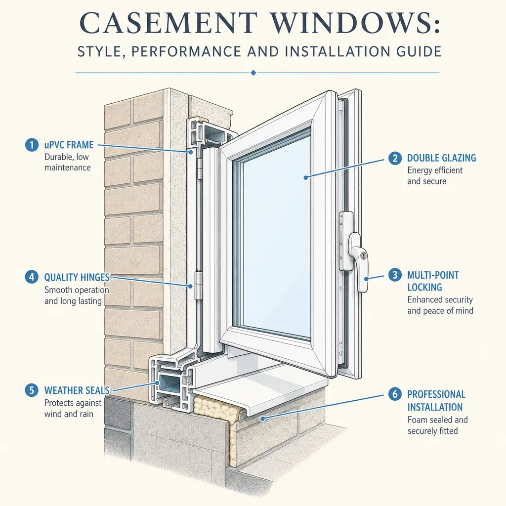 Diagram illustrating: Casement Windows: Style, Performance and Installation Guide