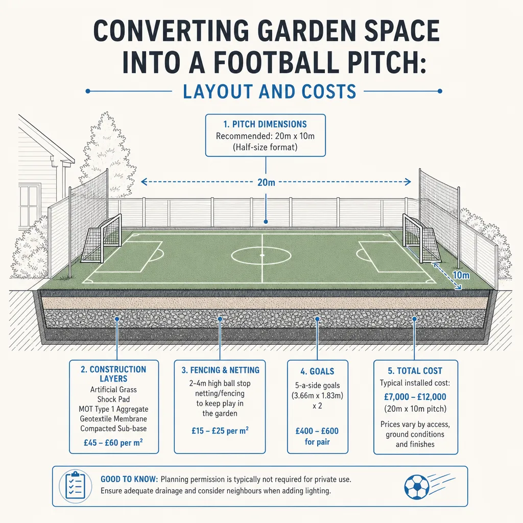 Diagram illustrating: Converting Garden Space into a Football Pitch: Layout and Costs