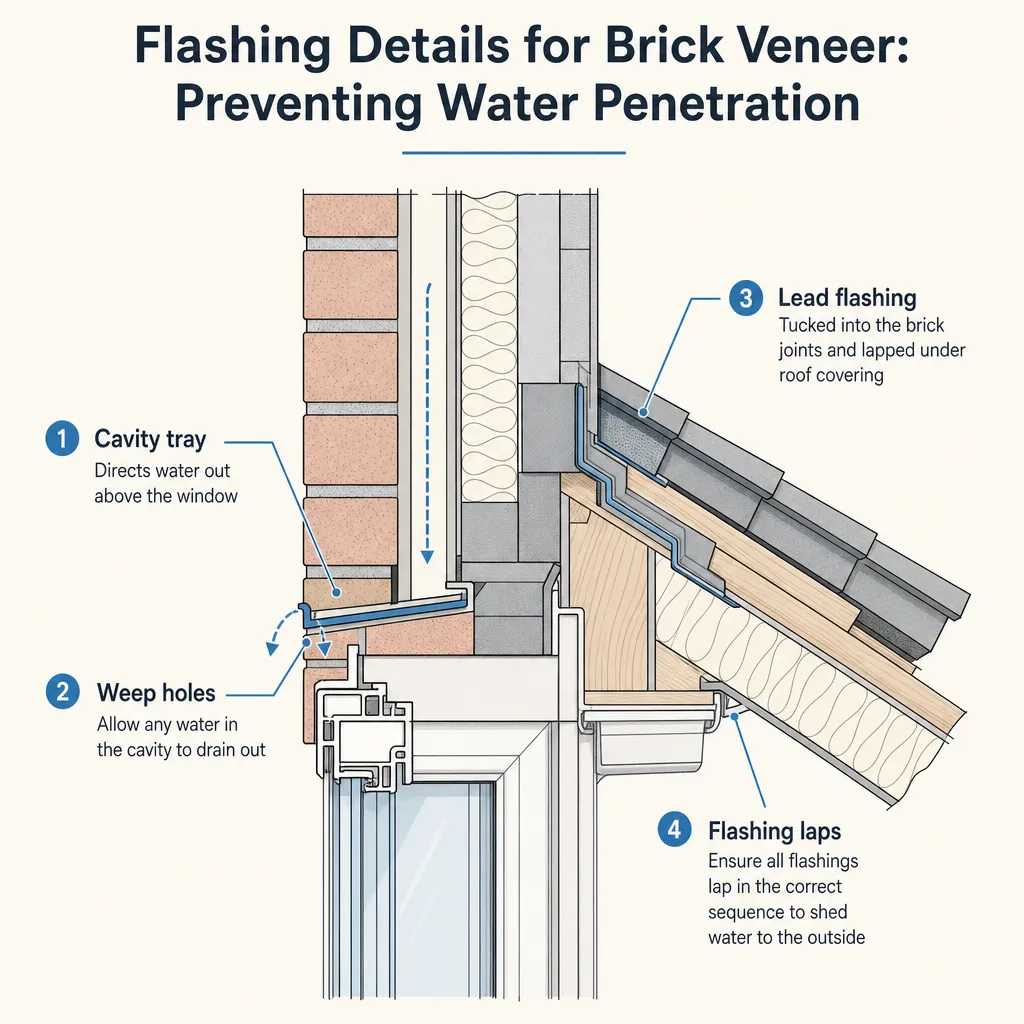 Diagram illustrating: Flashing Details for Brick Veneer: Preventing Water Penetration