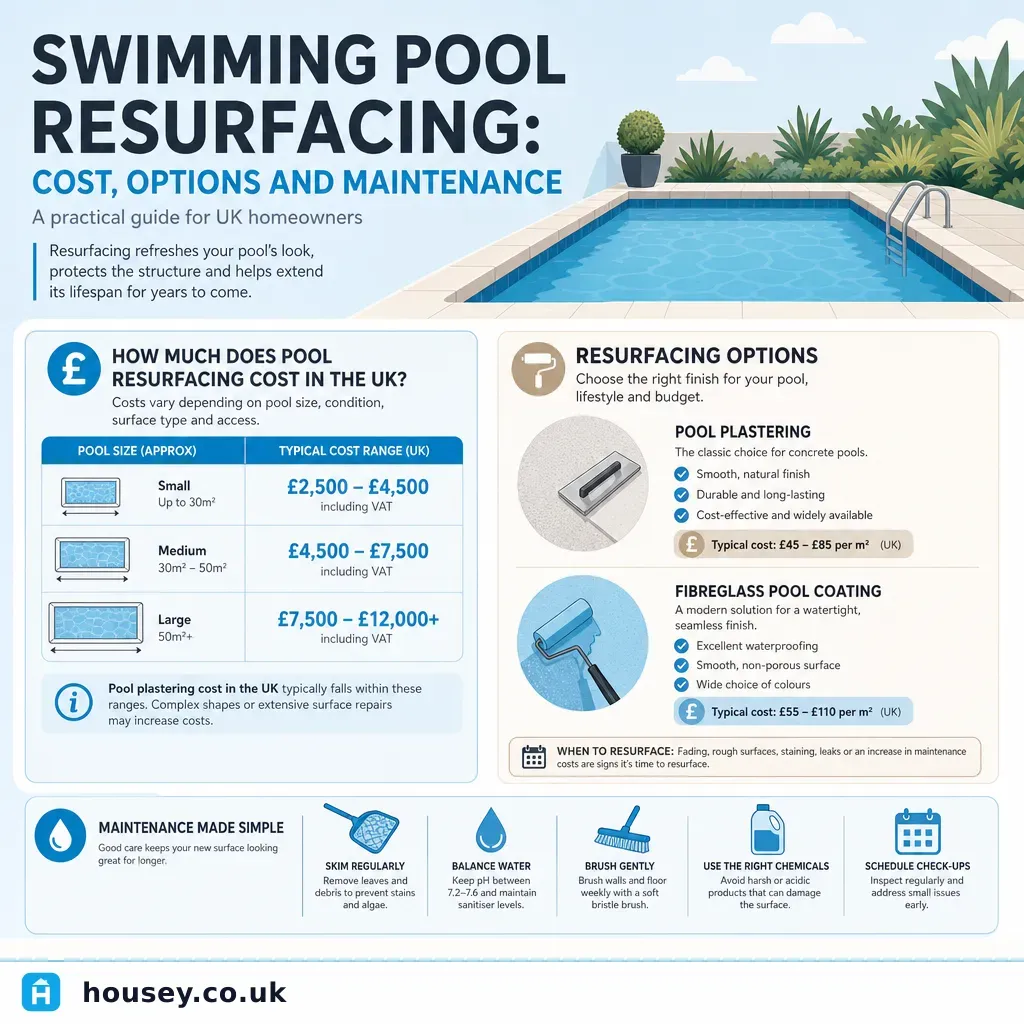 Infographic illustrating: Swimming Pool Resurfacing: Cost, Options and Maintenance