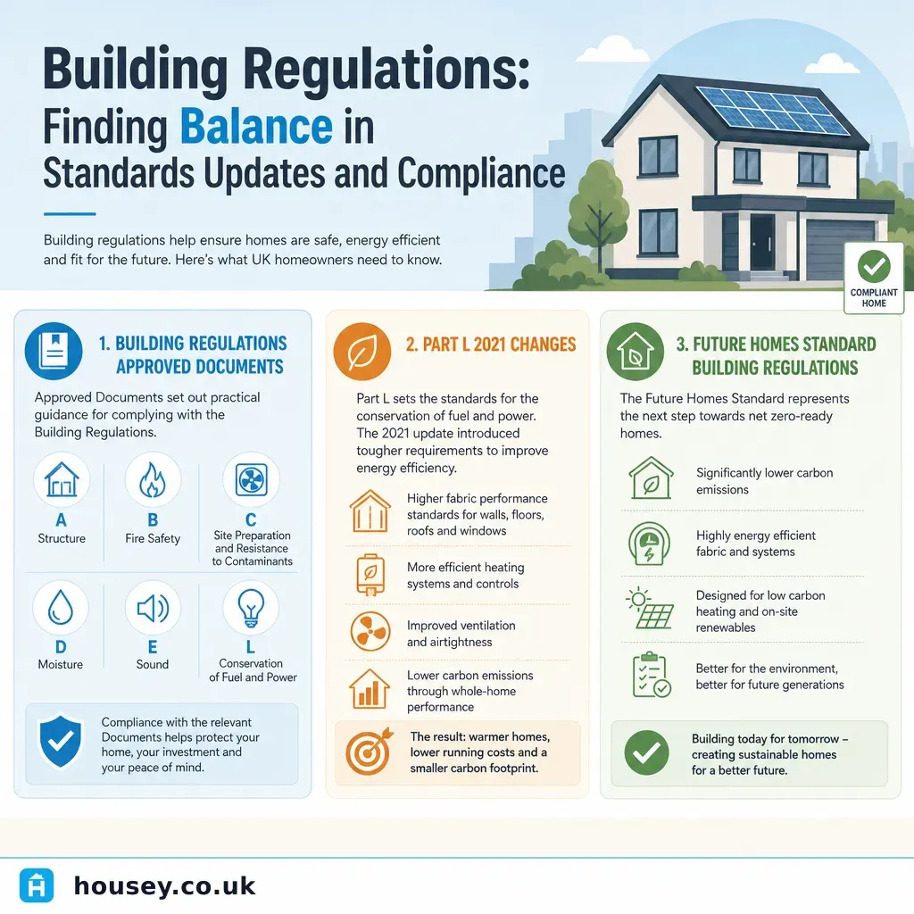 Infographic illustrating: Building Regulations: Finding Balance in Standards Updates and Compliance