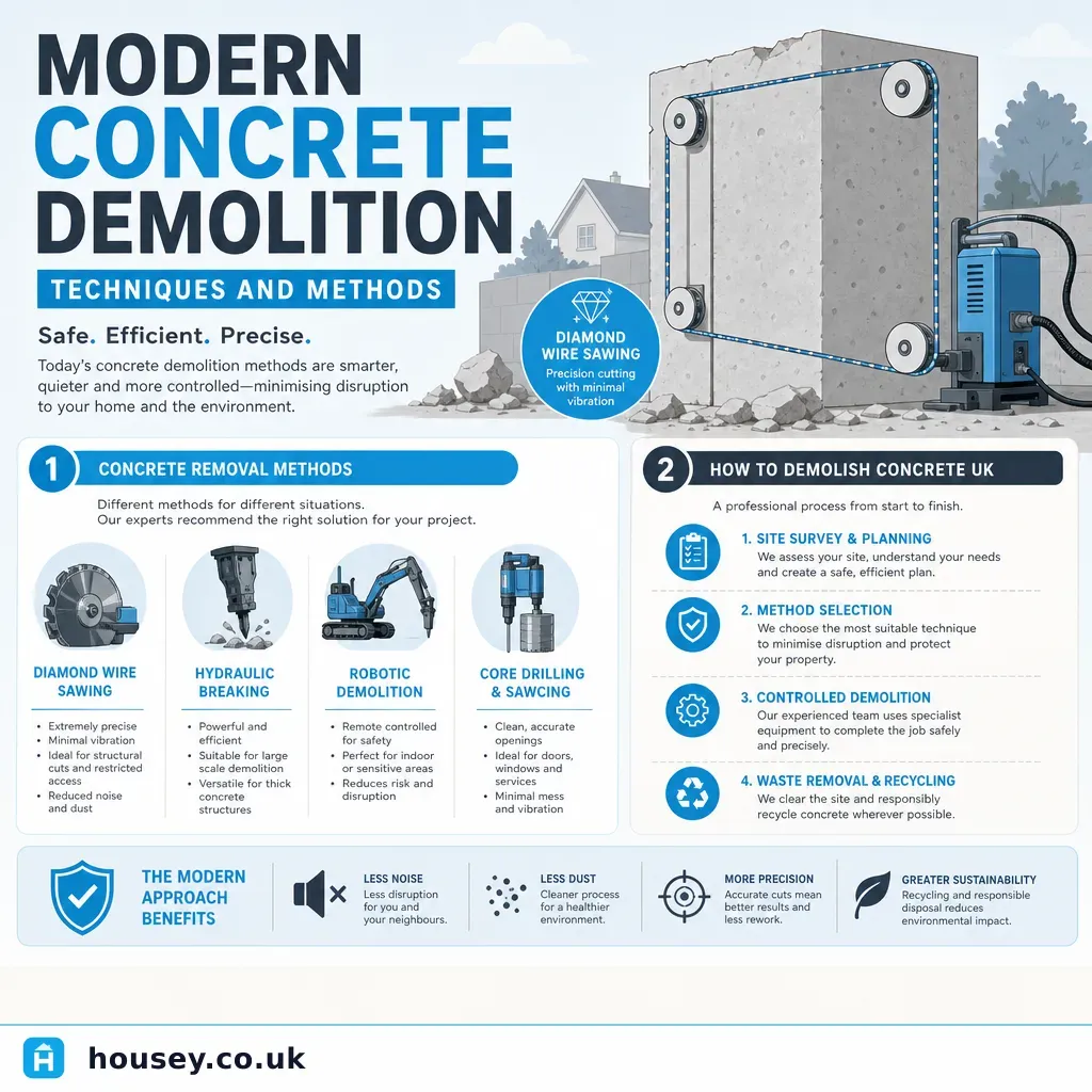 Infographic illustrating: Modern Concrete Demolition Techniques and Methods