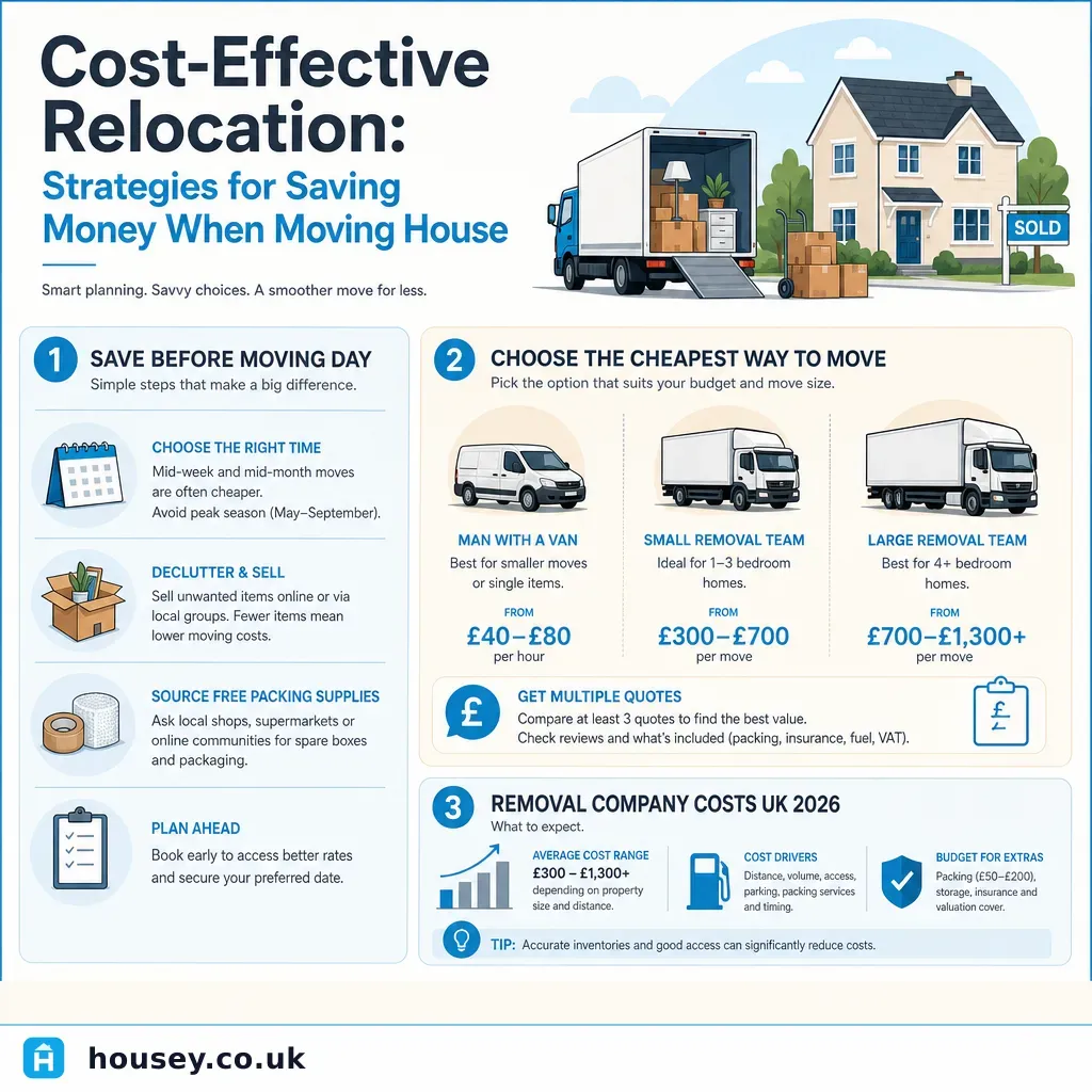 Infographic illustrating: Cost-Effective Relocation: Strategies for Saving Money When Moving House
