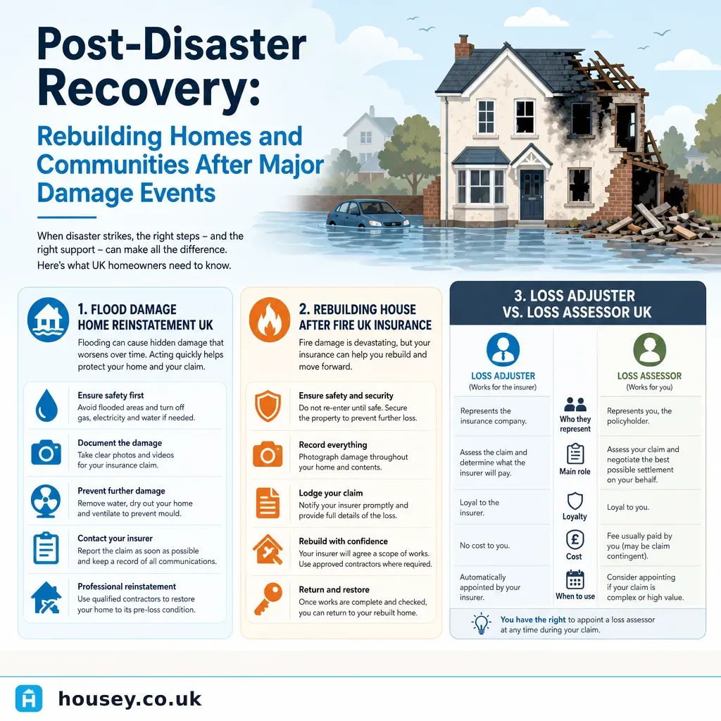 Infographic illustrating: Post-Disaster Recovery: Rebuilding Homes and Communities After Major Damage Events
