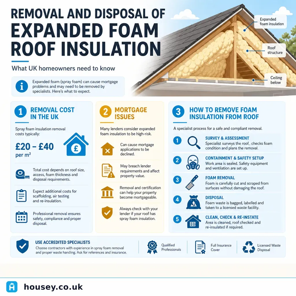 Infographic illustrating: Removal and Disposal of Expanded Foam Roof Insulation