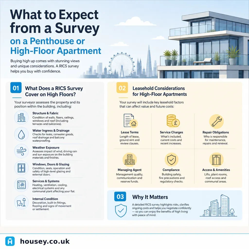 Infographic illustrating: What to Expect from a Survey on a Penthouse or High-Floor Apartment