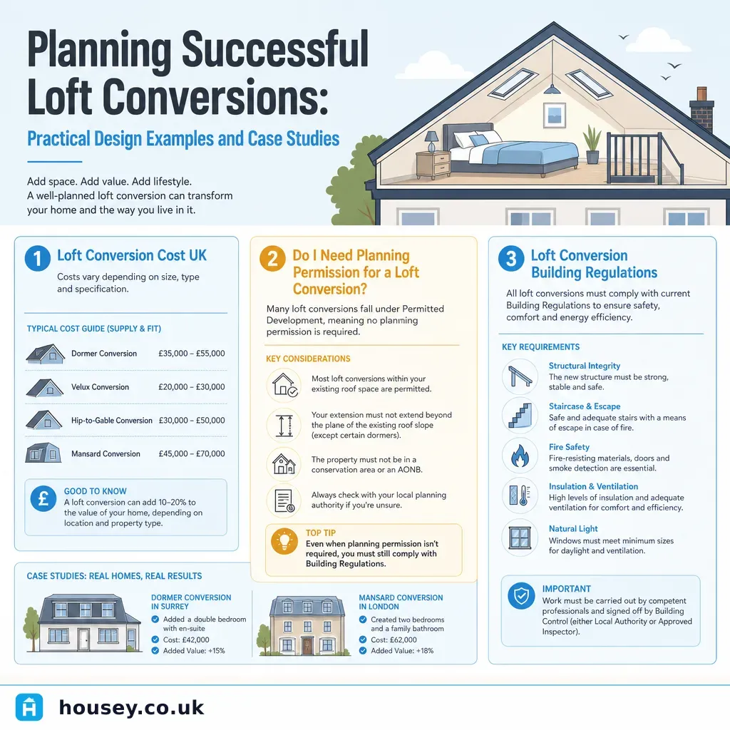 Infographic illustrating: Planning Successful Loft Conversions: Practical Design Examples and Case Studies