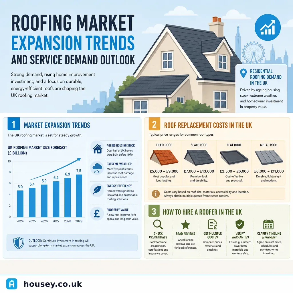Infographic illustrating: Roofing Market Expansion Trends and Service Demand Outlook