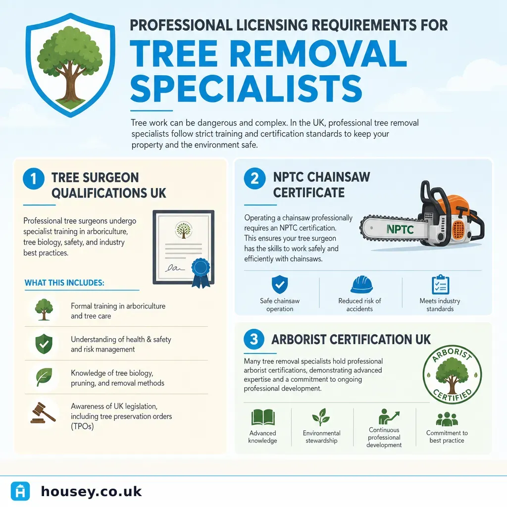 Infographic illustrating: Professional Licensing Requirements for Tree Removal Specialists