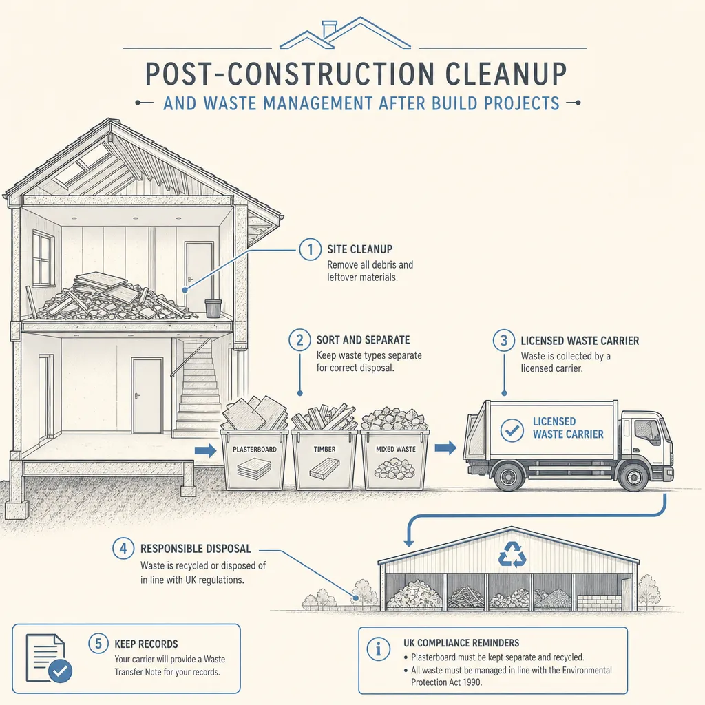 Diagram illustrating: Post-Construction Cleanup and Waste Management After Build Projects