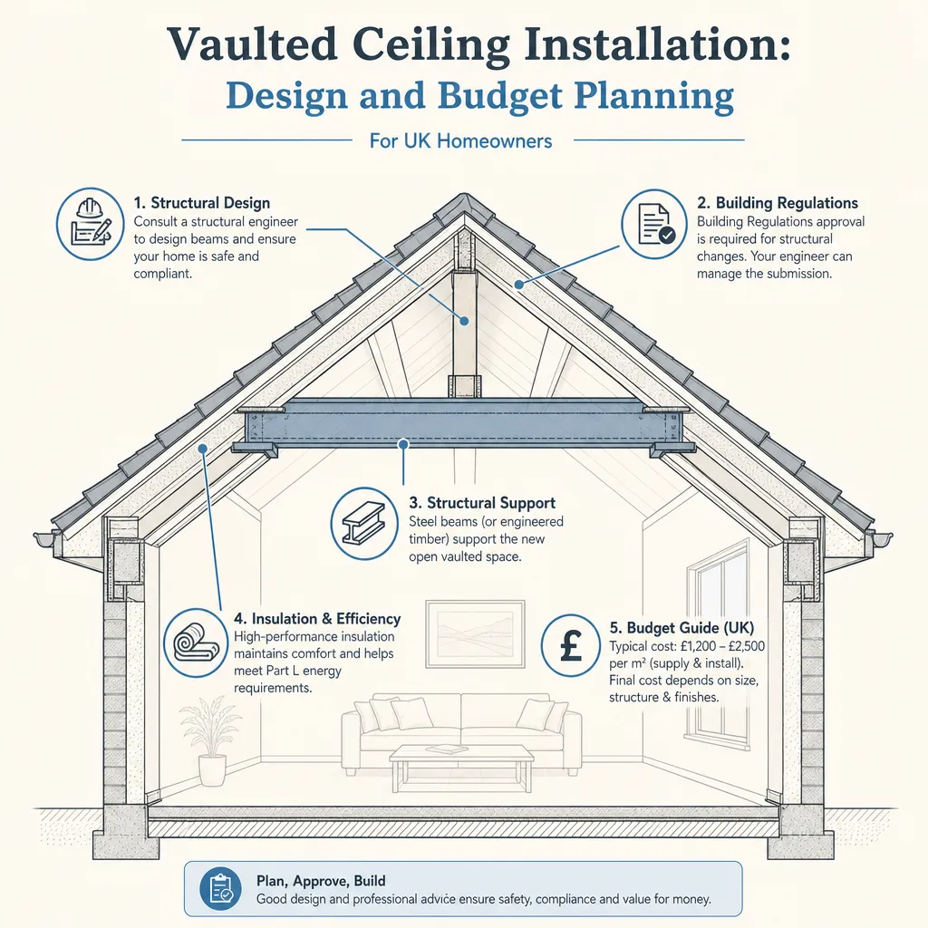Diagram illustrating: Vaulted Ceiling Installation: Design and Budget Planning