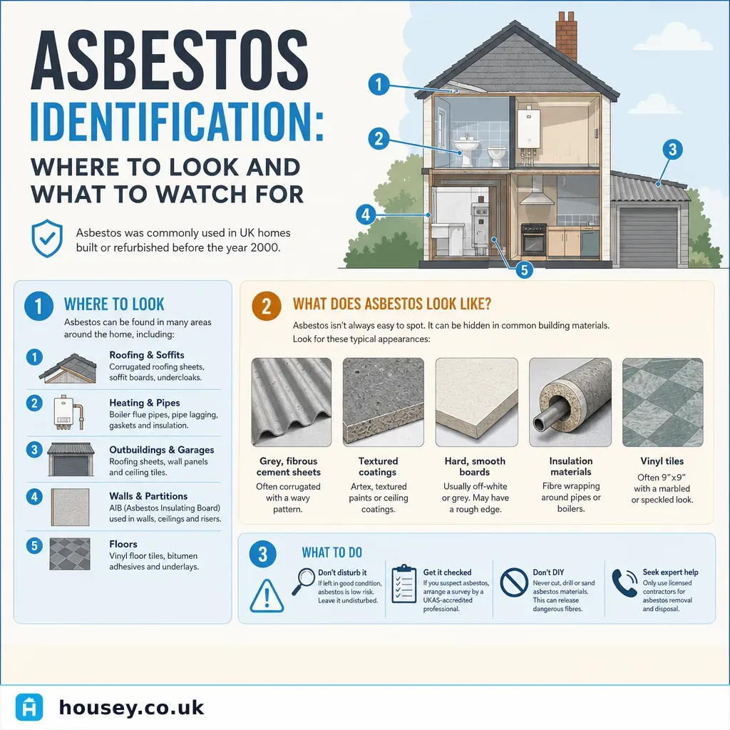 Infographic illustrating: Asbestos Identification: Where to Look and What to Watch For