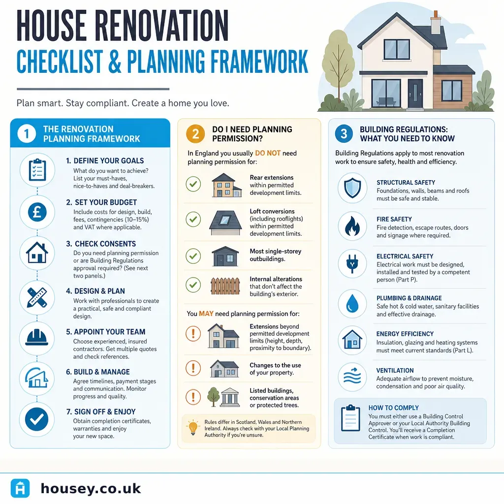 Infographic illustrating: House Renovation Checklist and Planning Framework