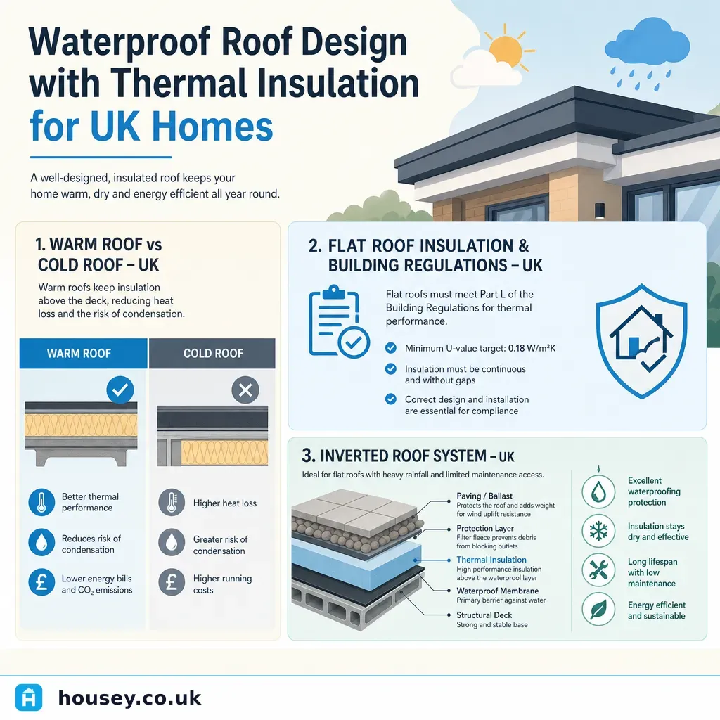 Infographic illustrating: Waterproof Roof Design with Thermal Insulation for UK Homes