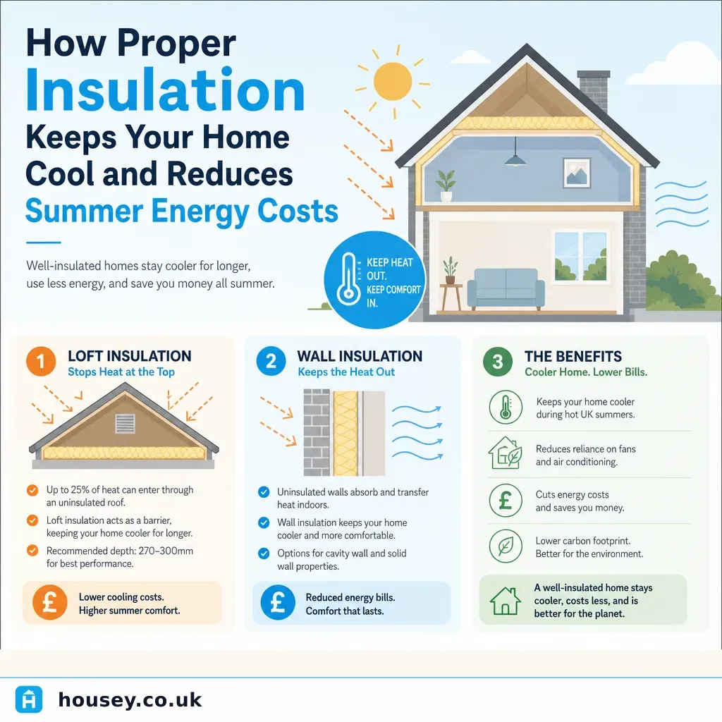 Infographic illustrating: How Proper Insulation Keeps Your Home Cool and Reduces Summer Energy Costs