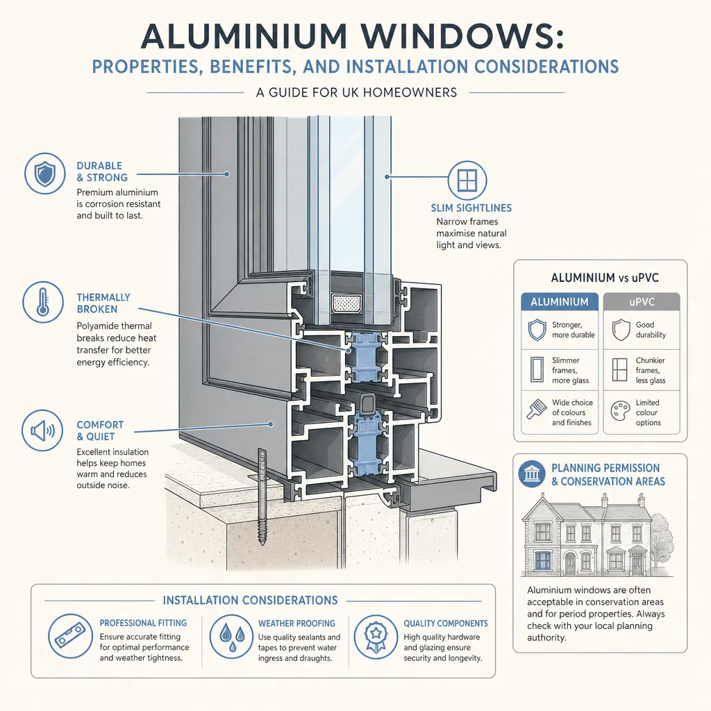 Diagram illustrating: Aluminium Windows: Properties, Benefits, and Installation Considerations