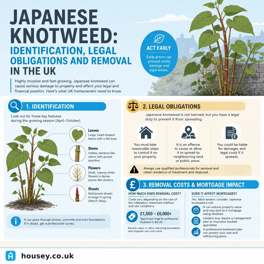 Infographic illustrating: Japanese Knotweed: Identification, Legal Obligations and Removal in the UK