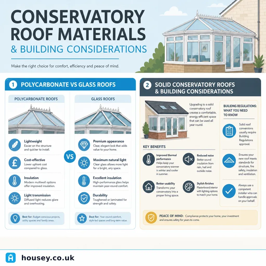 Infographic illustrating: Conservatory Roof Materials and Building Considerations