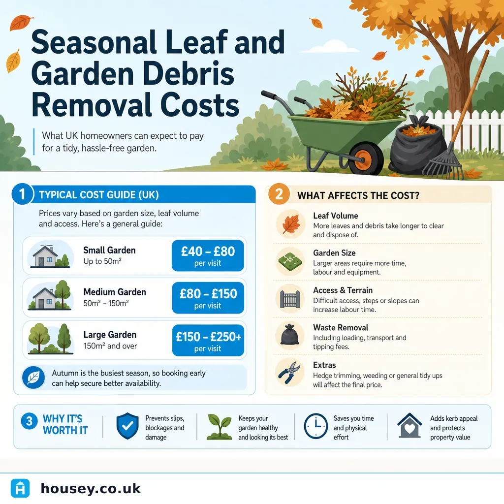 Infographic illustrating: Seasonal Leaf and Garden Debris Removal Costs