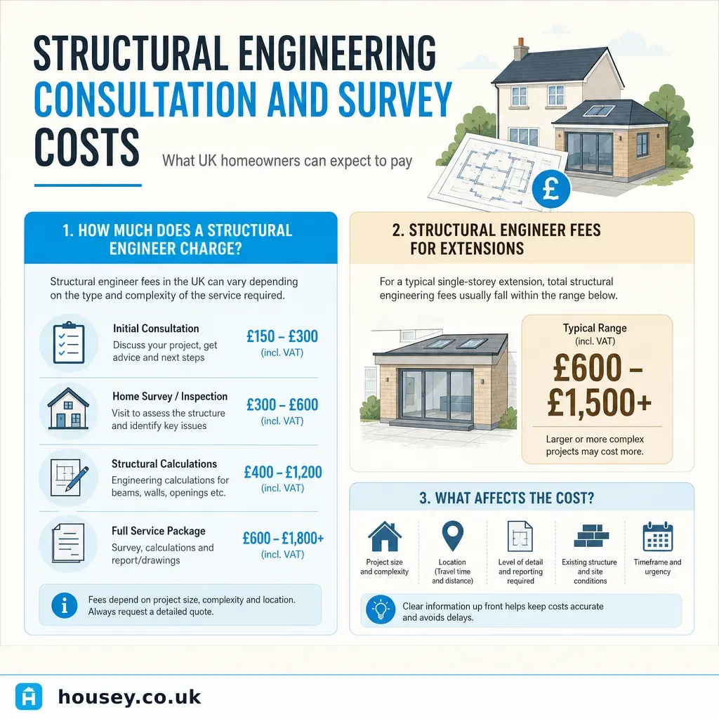 Infographic illustrating: Structural Engineering Consultation and Survey Costs